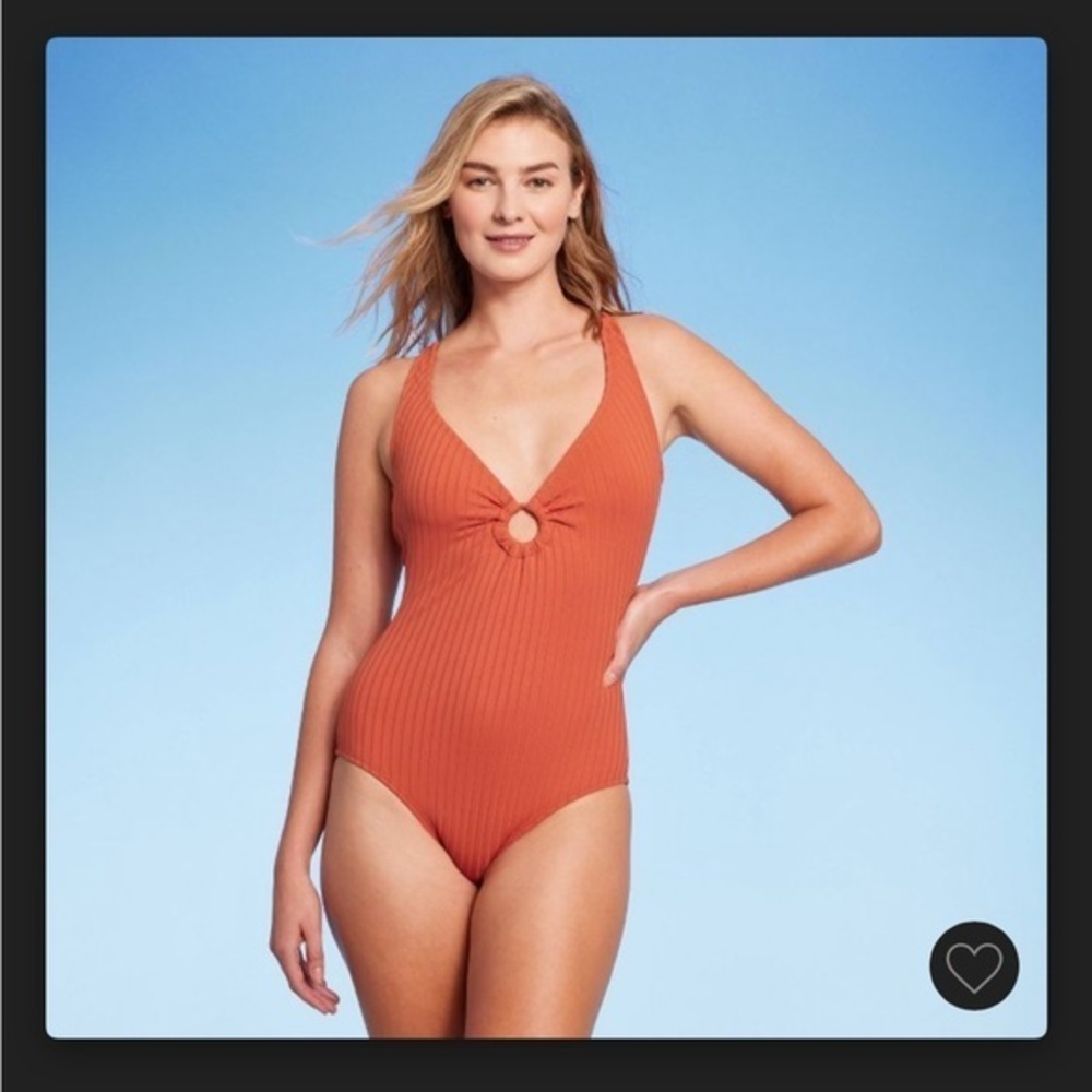 Kona Sol Apricot Orange Ribbed Criss Cross Back One Piece Bathing Suit